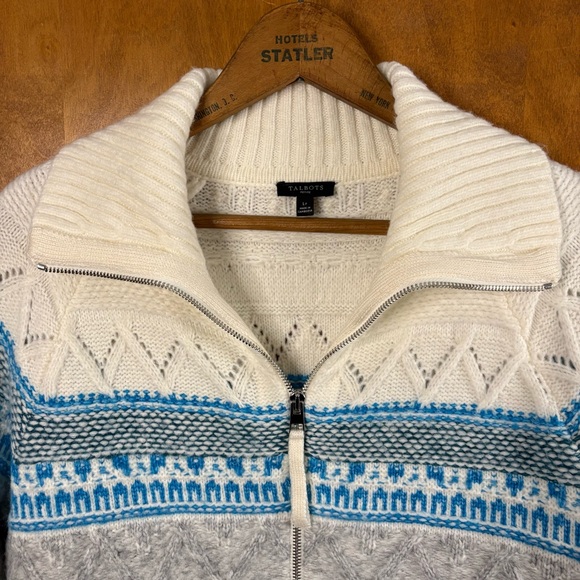 Talbots Ivory Blue Full Zip Fair Isle Cable Knit Cardigan Sweater Fisherman Soft - Picture 6 of 16